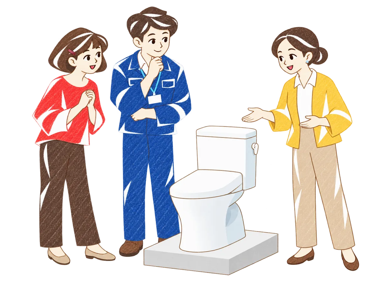 ショールームで、エースプランニングの担当者とお客さまが、案内の方の説明を聞きながらトイレの実物を見ているイラスト