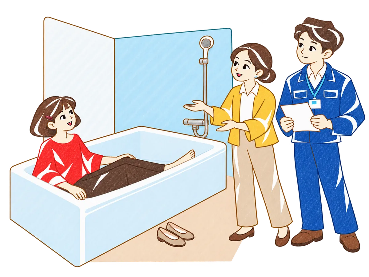 ショールームで施主女性が浴槽の座り心地を試すイラスト